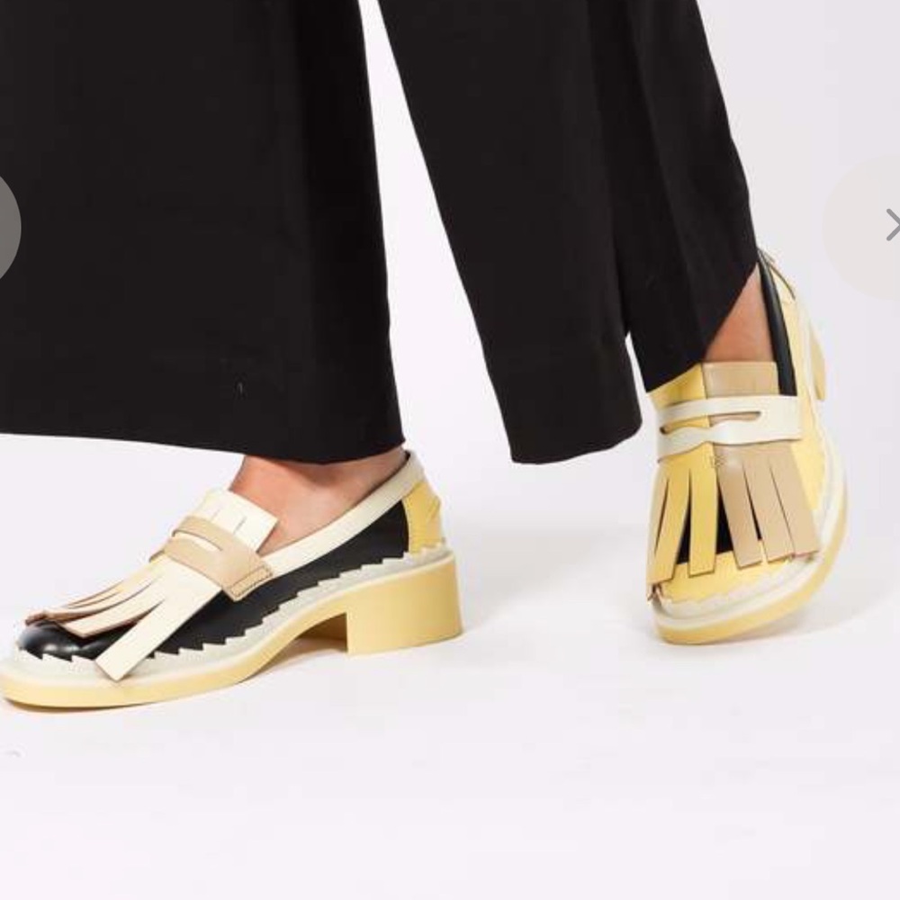 Camper Two-Tone Yellow, Black & Cream Kiltie Loafers - Picture 2 of 15